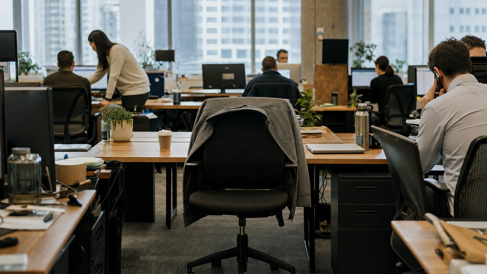 An empty desk chair with a jacket over its back in a busy open-plan office, colleagues working at the desks around it