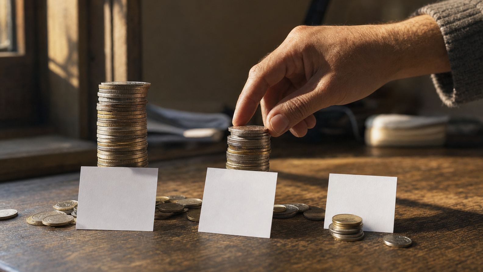 Three stacks of coins of very different heights on a wooden desk, a hand placing one more coin on the middle stack, a blank card leaning against each