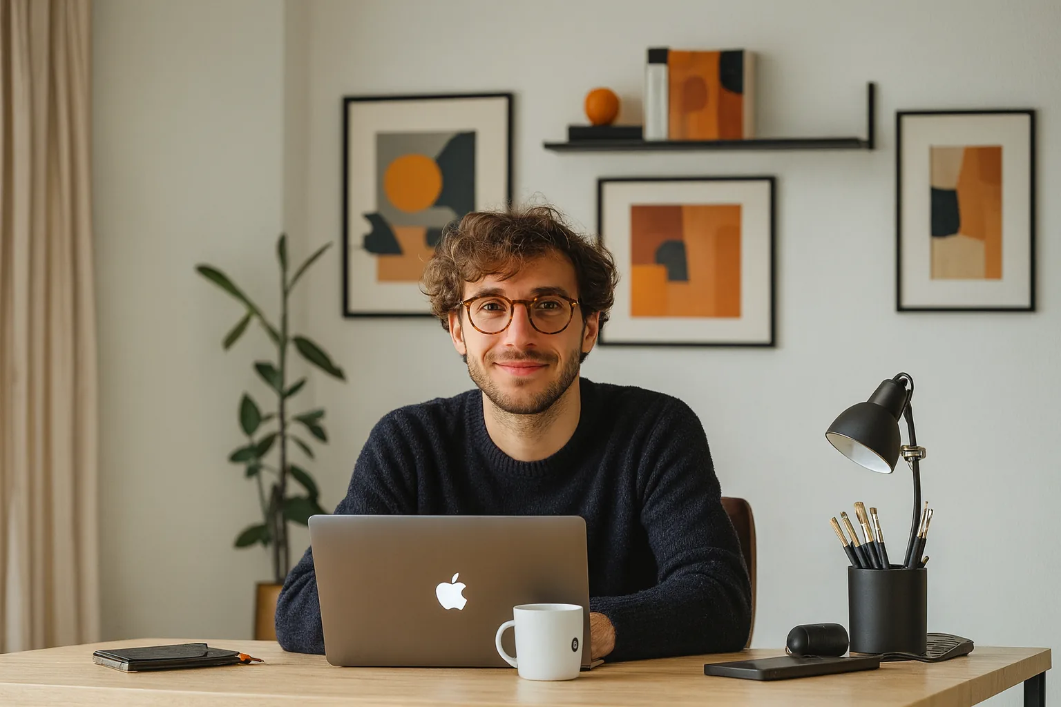 A professional working at a laptop in a home office