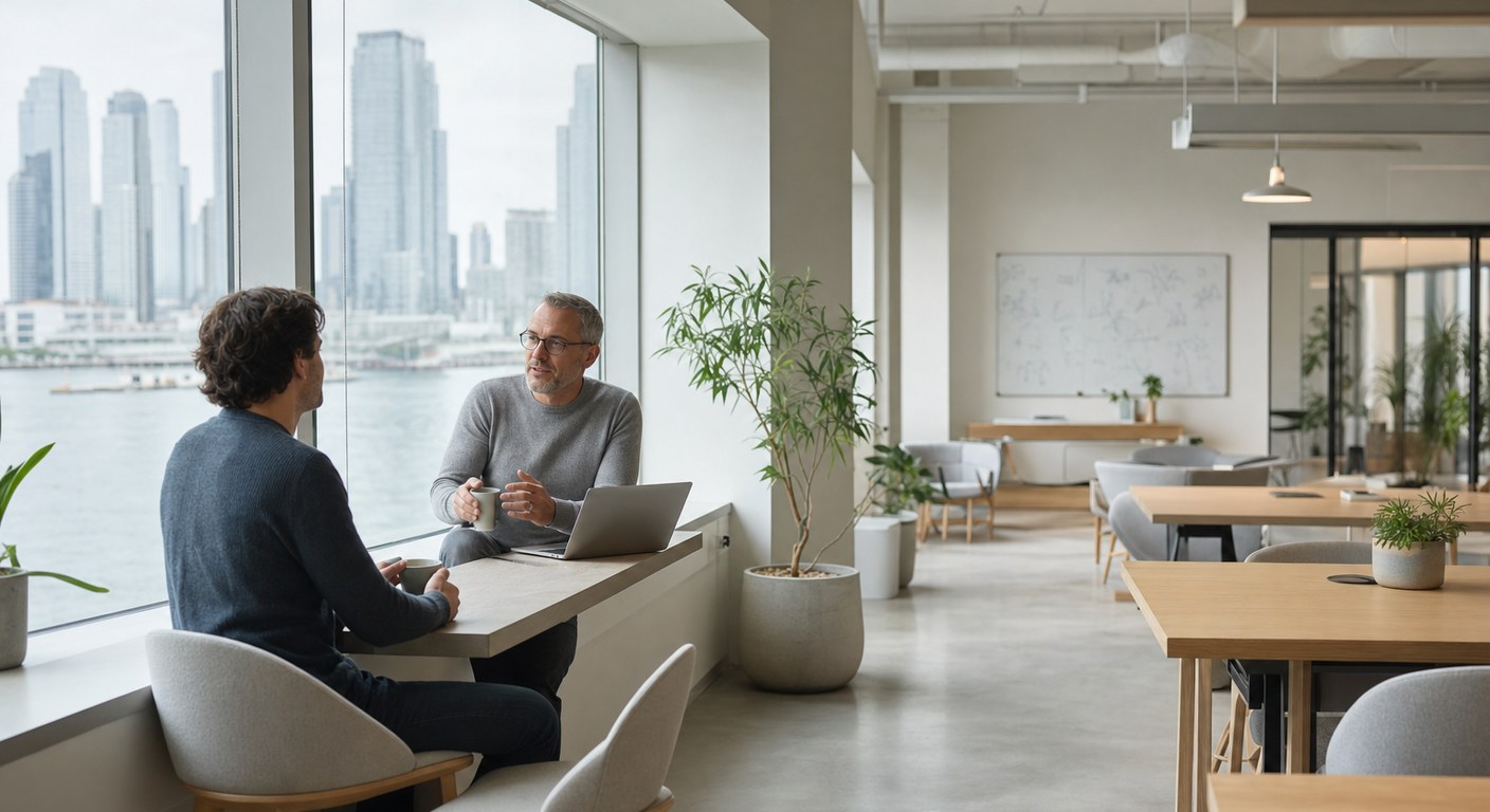 A founder and advisor talking over coffee by a window overlooking a downtown skyline