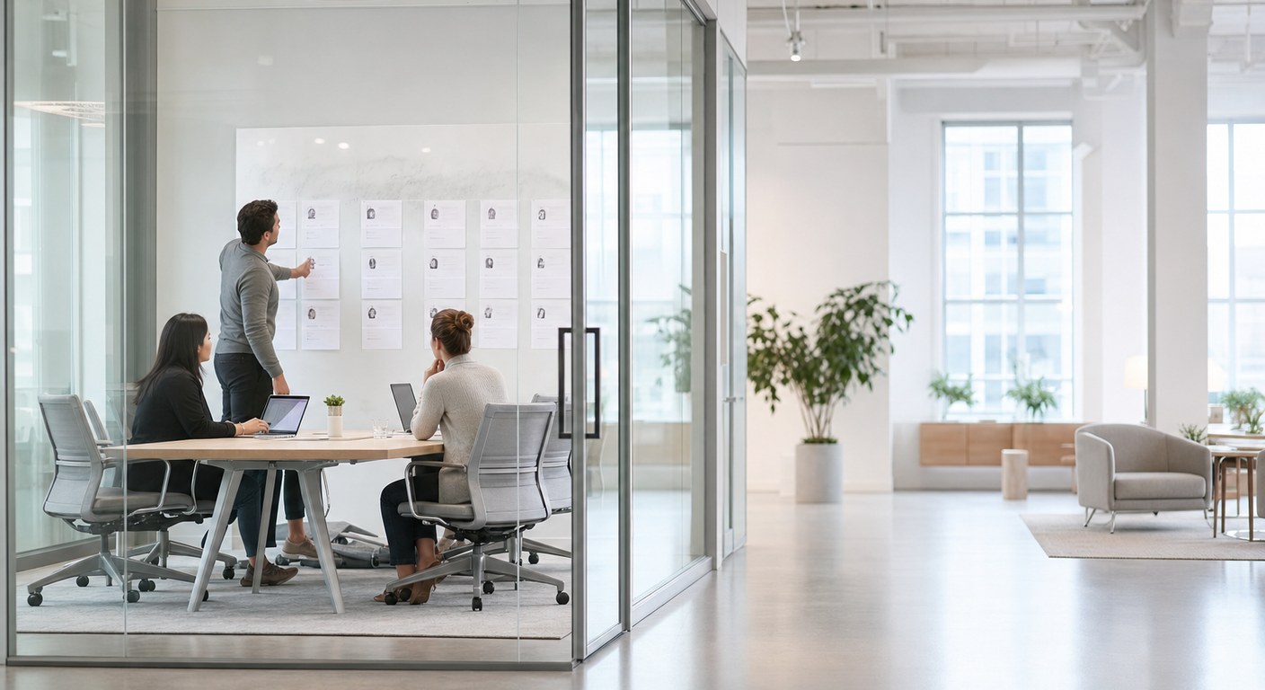 A hiring debrief in a bright glass-walled meeting room
