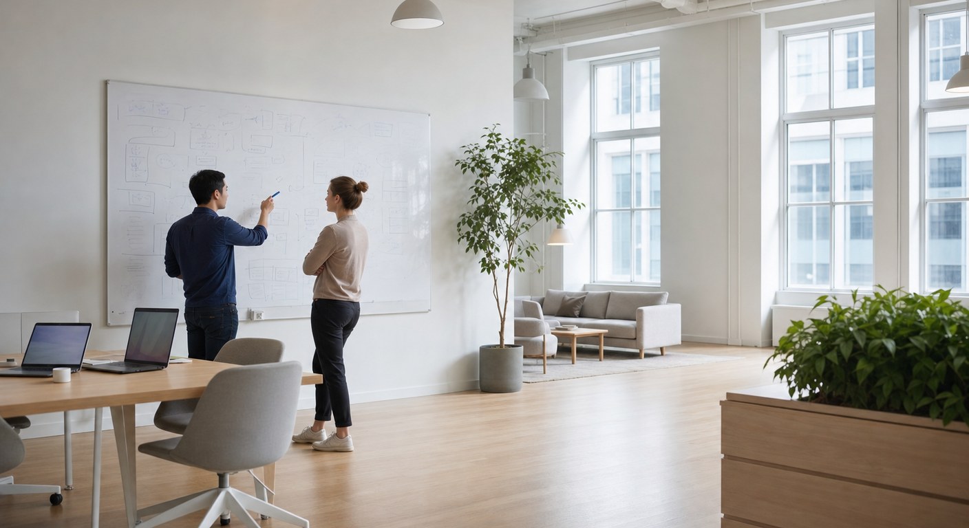 Two engineers discussing a diagram at a whiteboard