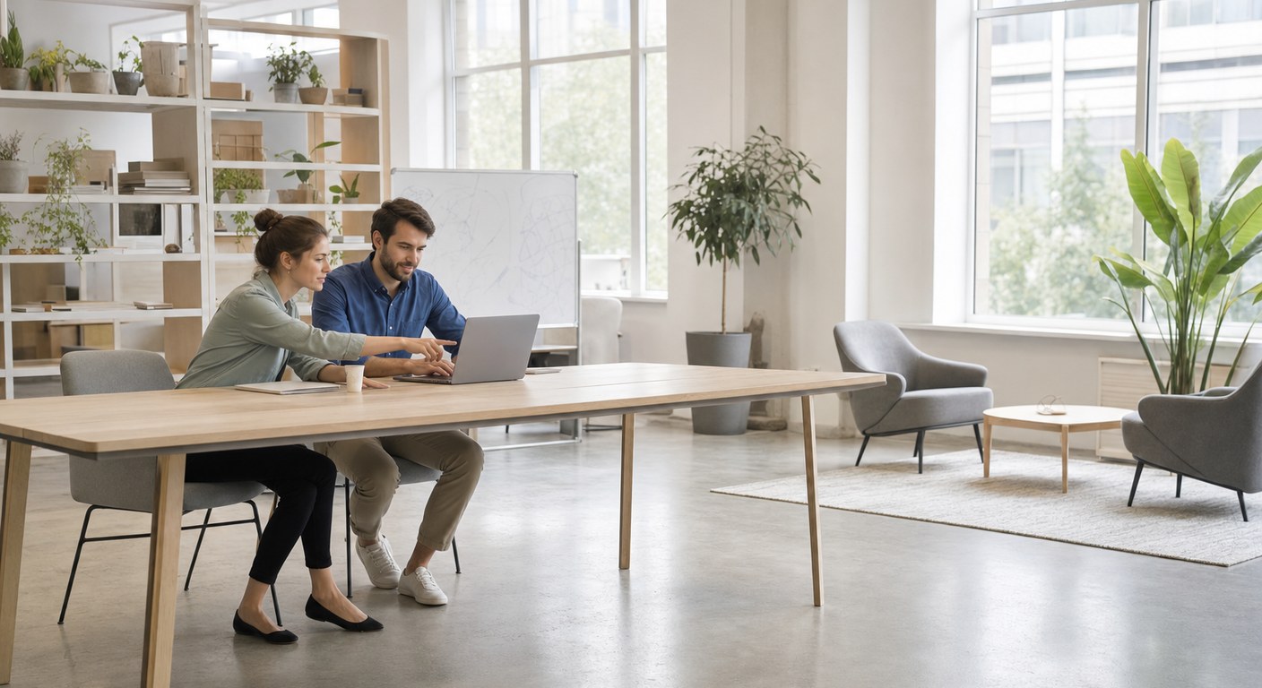 Two professionals working side by side at one laptop