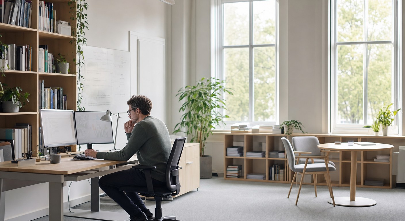 A researcher searching on dual monitors in a quiet office corner