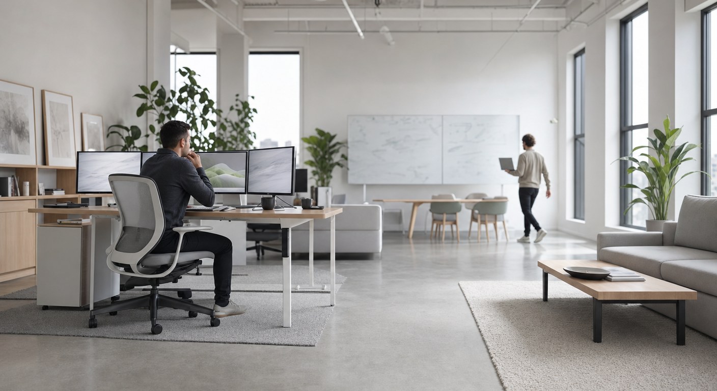 A specialist working at a multi-monitor workstation in a bright loft office