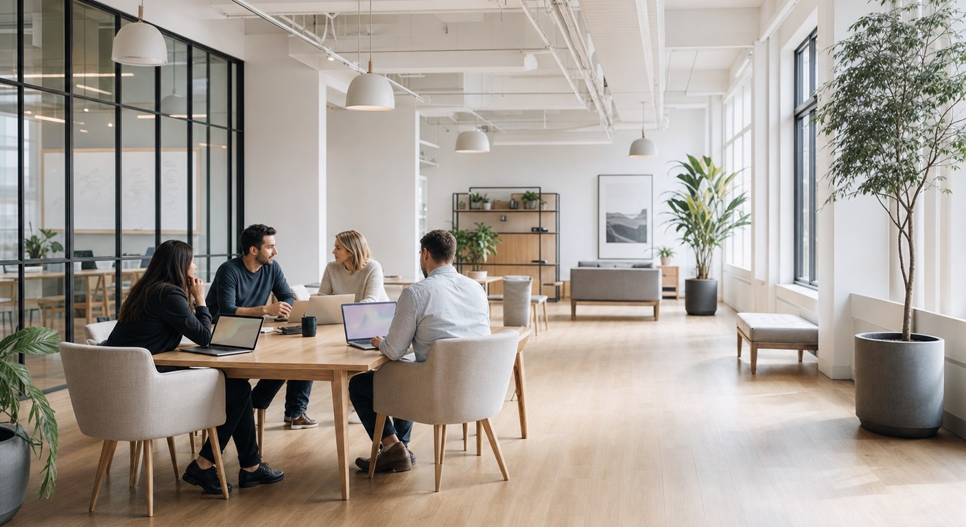 Four recruiters collaborating around a shared table
