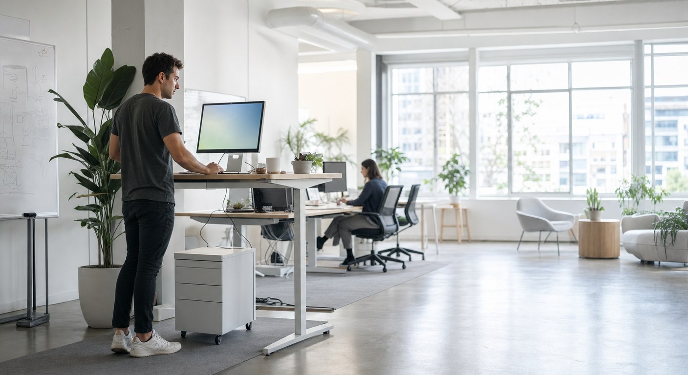 A founder reviewing work at a standing desk in a startup office