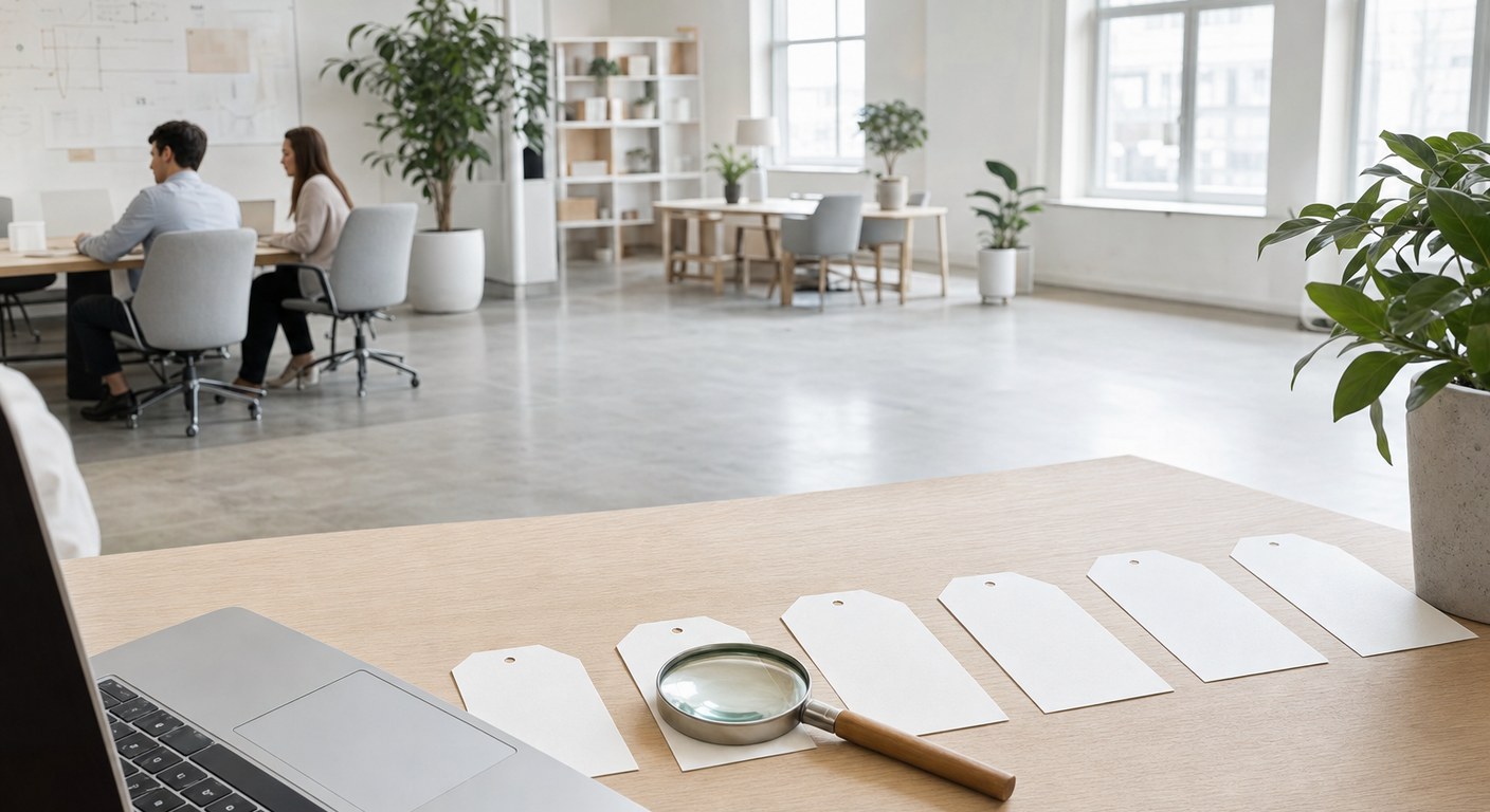 A magnifying glass resting on blank price cards