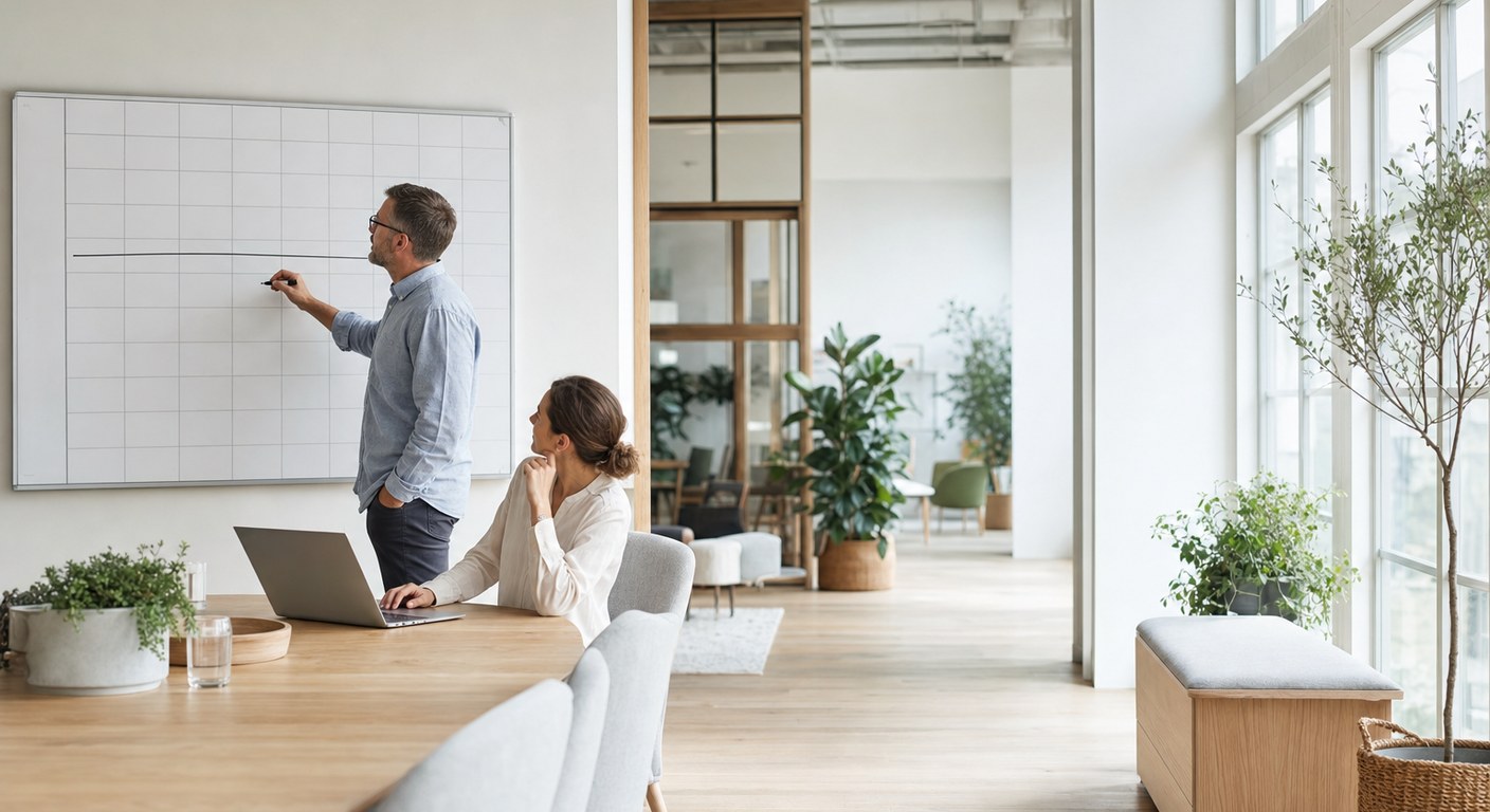 A hiring manager marking a span of days across a wall planner