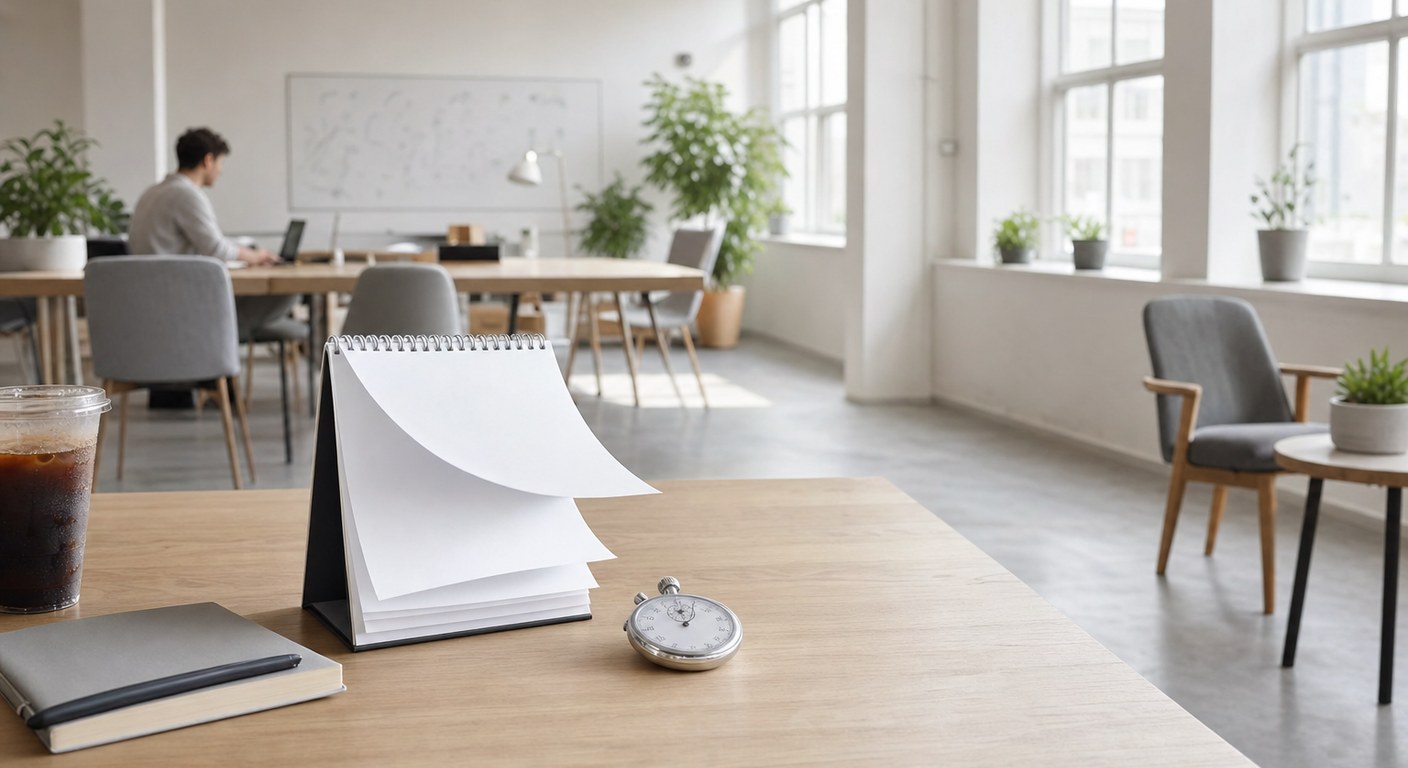 A desk calendar with pages lifted beside a stopwatch