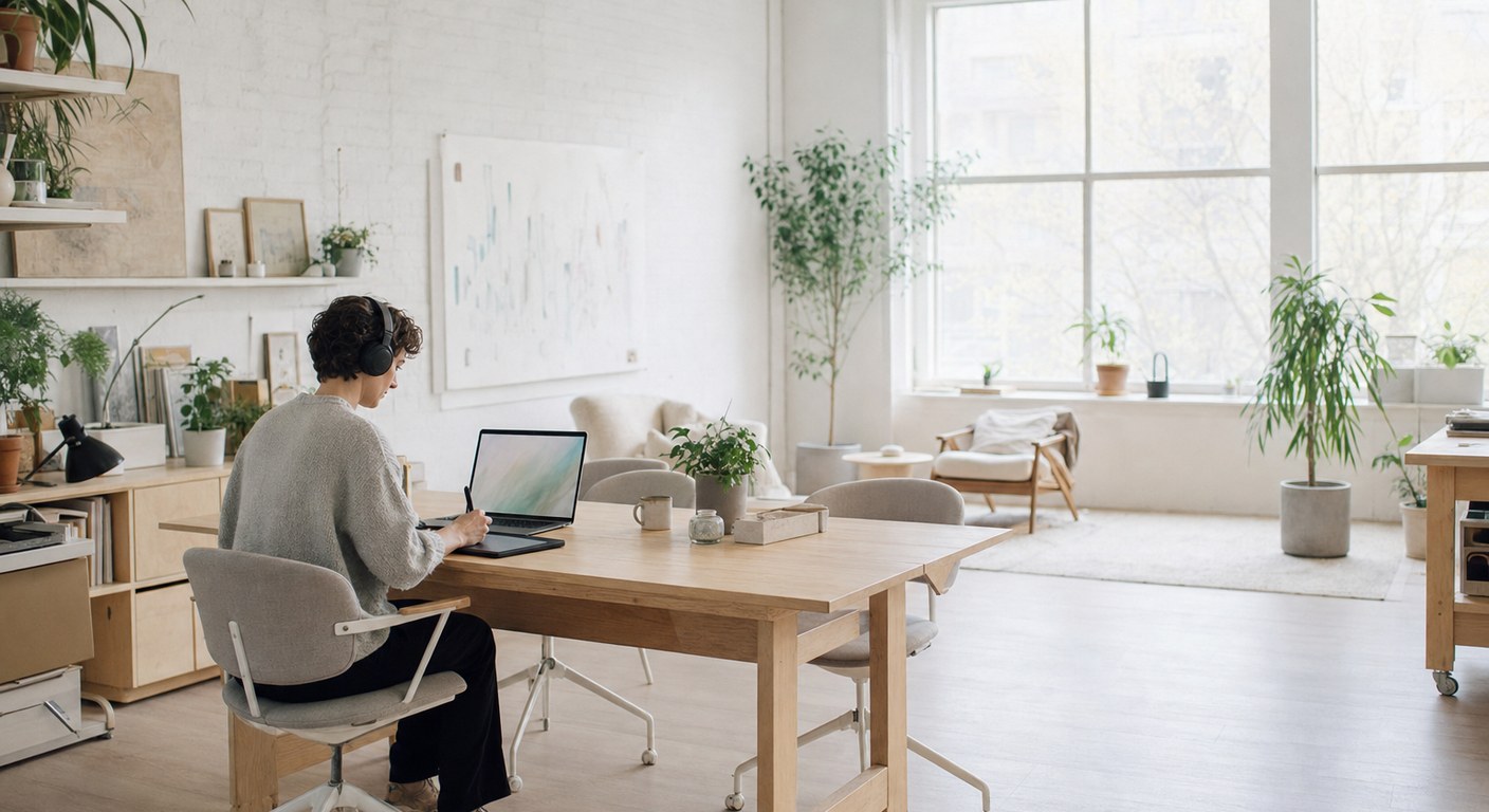 An independent professional working from a bright home studio