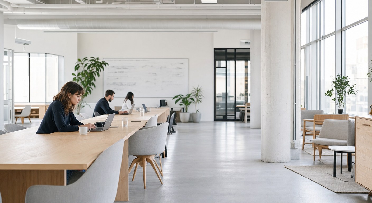 A professional browsing on a laptop at a co-working bench