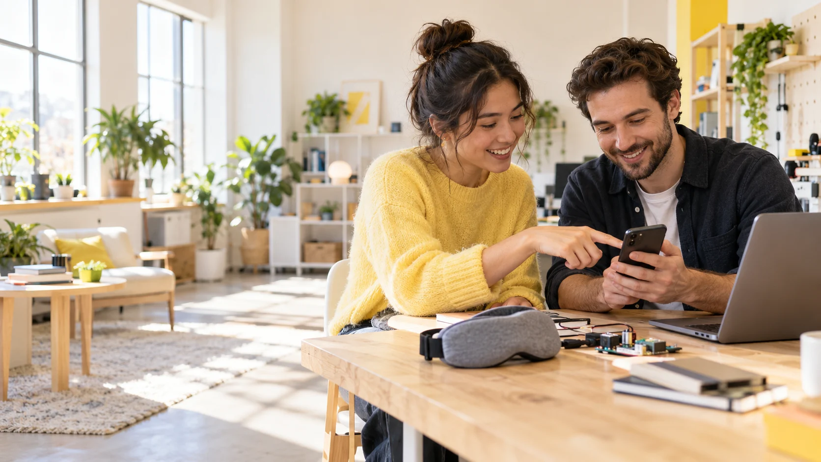 Two mobile engineers testing a smartphone app together beside a wearable prototype in a sunlit studio