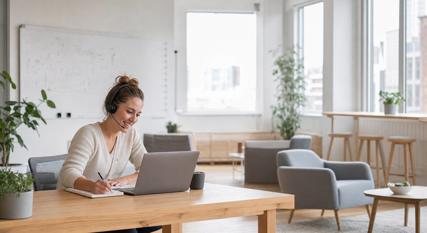 A recruiter on a video call, listening and taking handwritten notes.