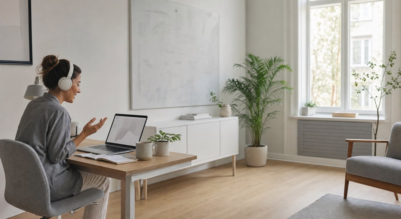 A candidate at a home desk speaking to an automated interview on a laptop screen.