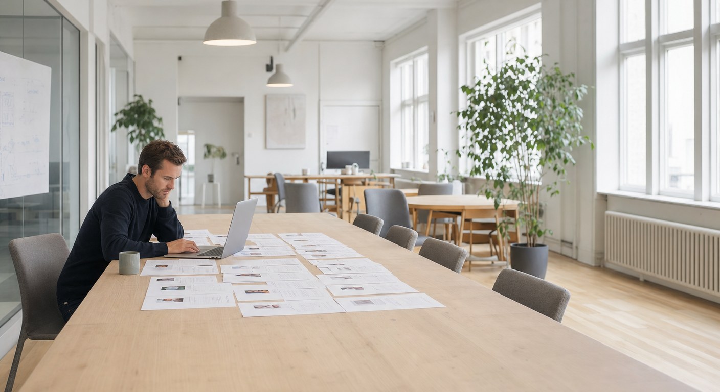 A founder working alone through a stack of candidate profiles at a laptop in an empty office.