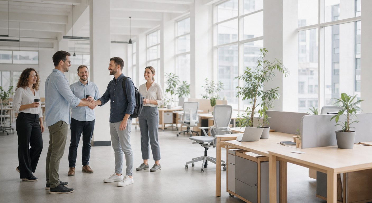 A team welcoming a new hire in a bright office