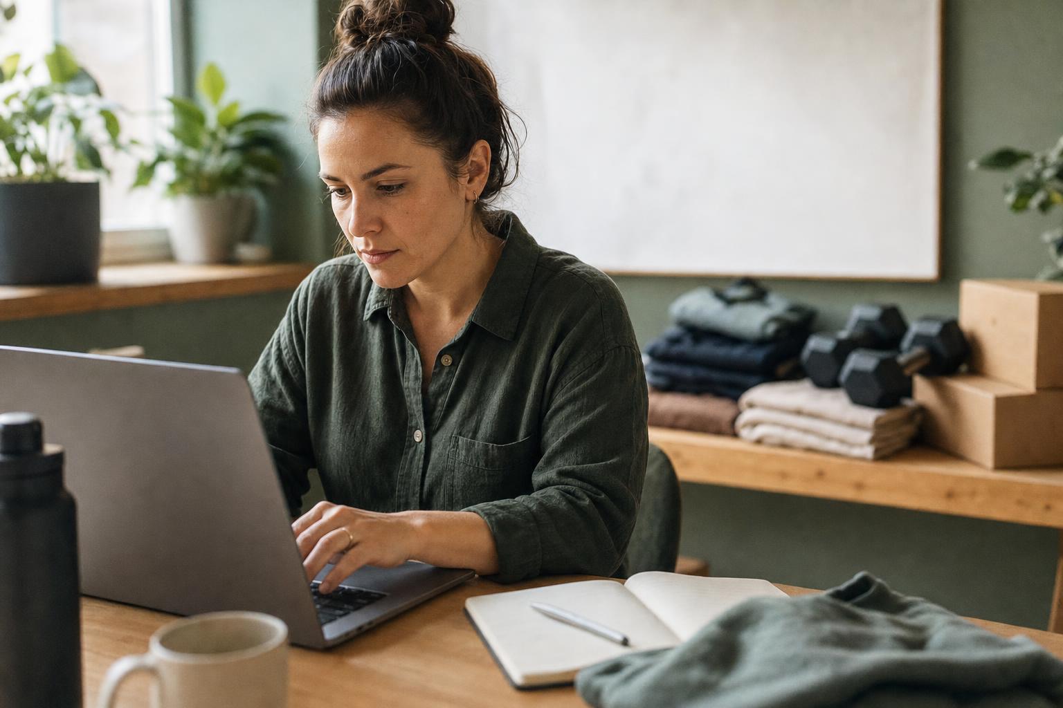 A lifecycle marketing manager working at a laptop in a fitness brand's office