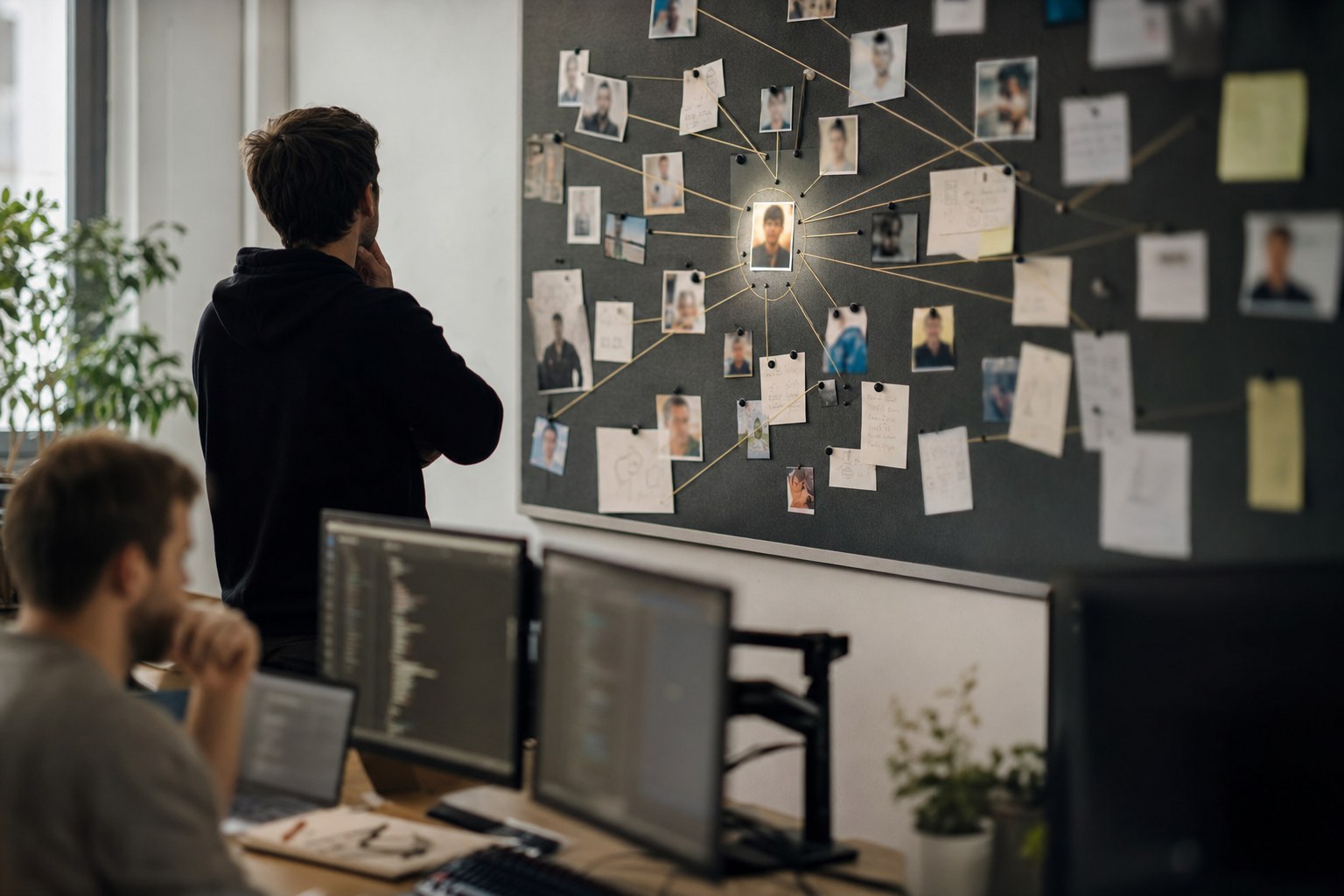 An investigation-style evidence board with strings converging on one engineer's photo