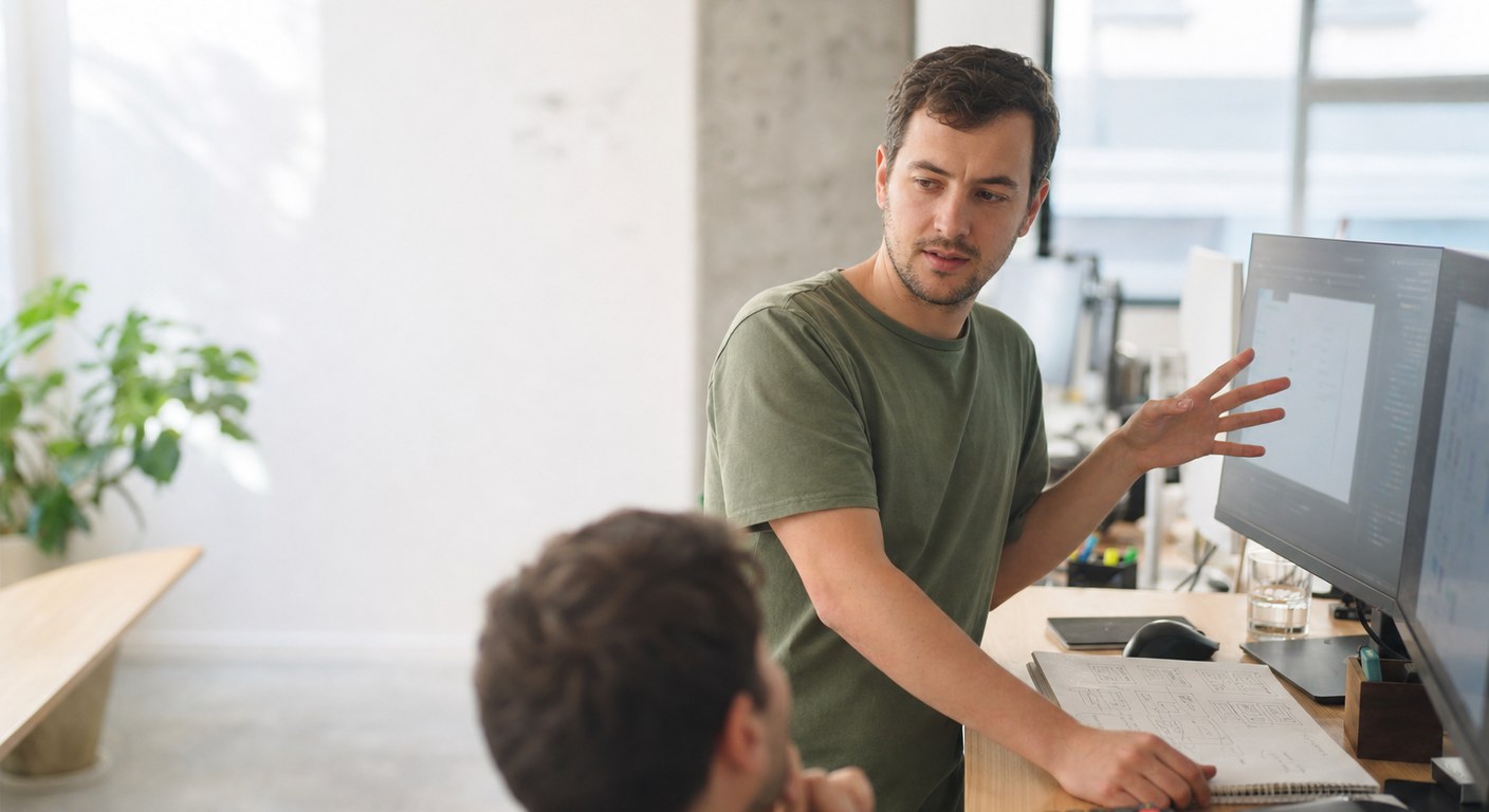 A product engineer walking a teammate through a build at a startup standing desk