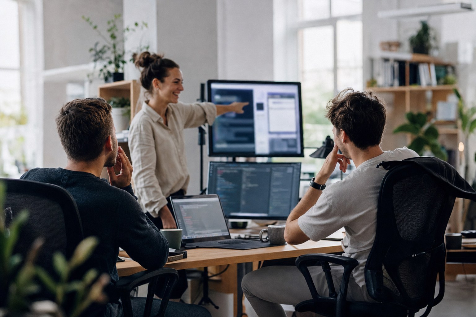 A startup engineering team collaborating around a shared screen