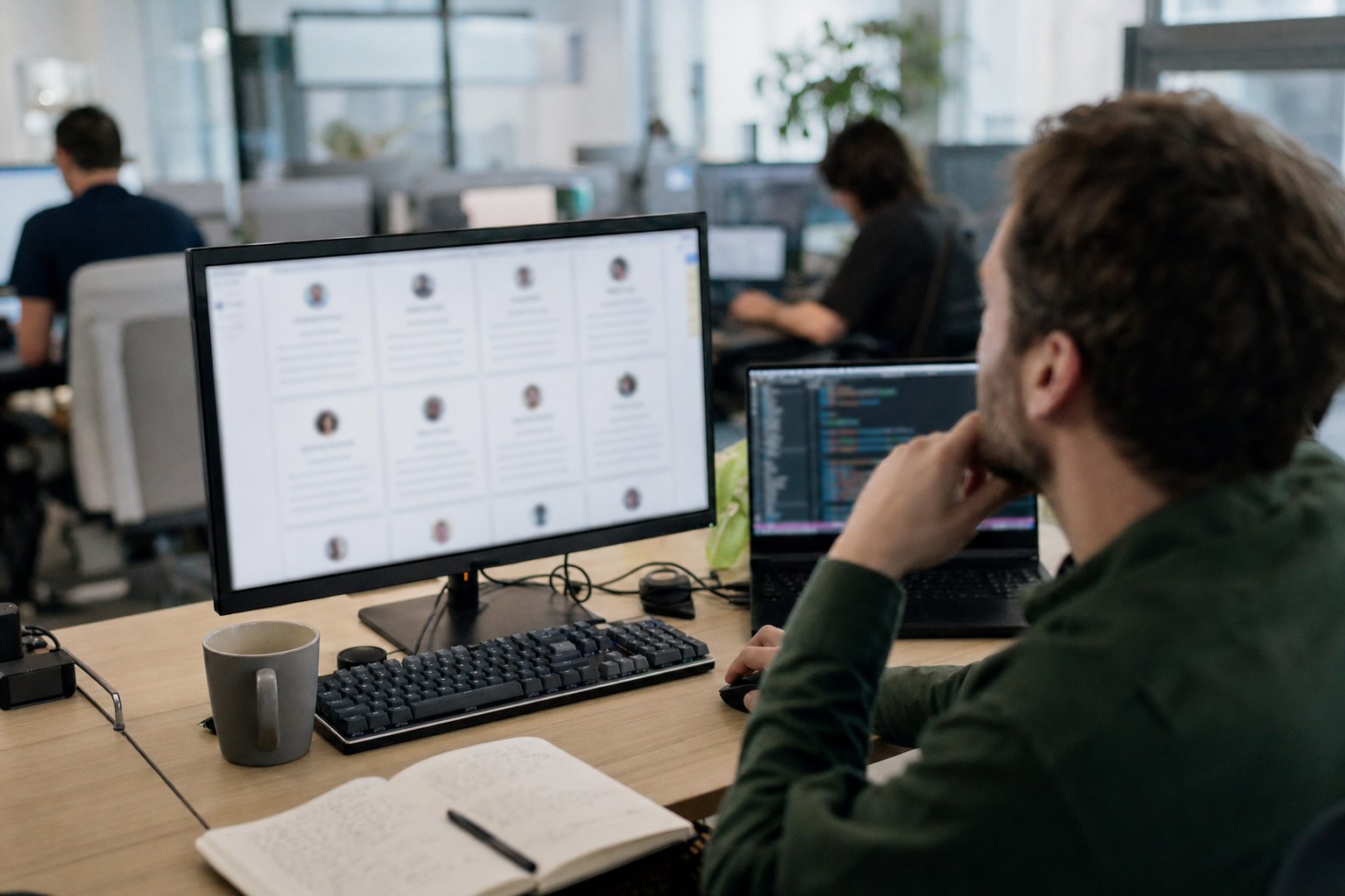 An engineering manager reviewing a grid of candidate profiles at a startup desk