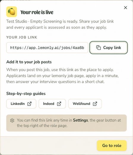 lemonly role-completion panel with the public job link, Copy link button and three platform guides