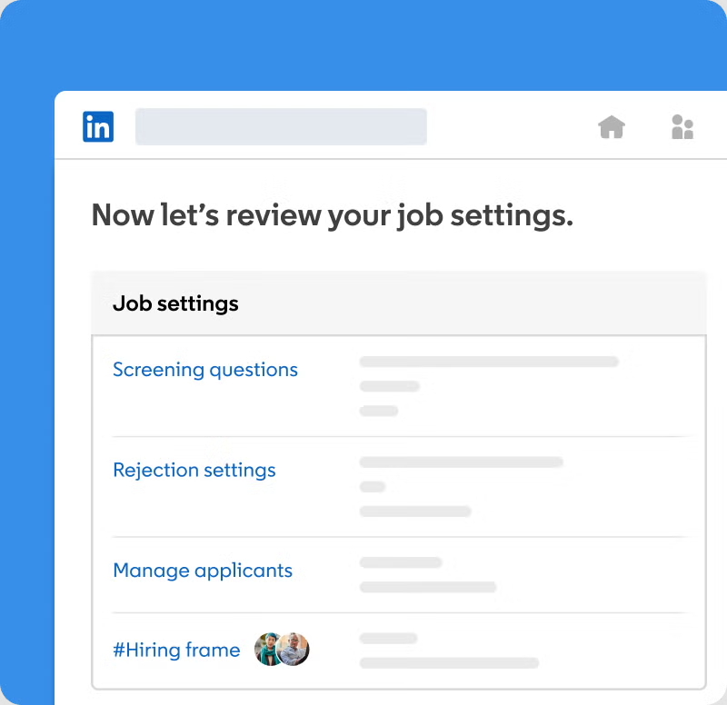LinkedIn Hiring Pro job settings, including the Manage applicants section