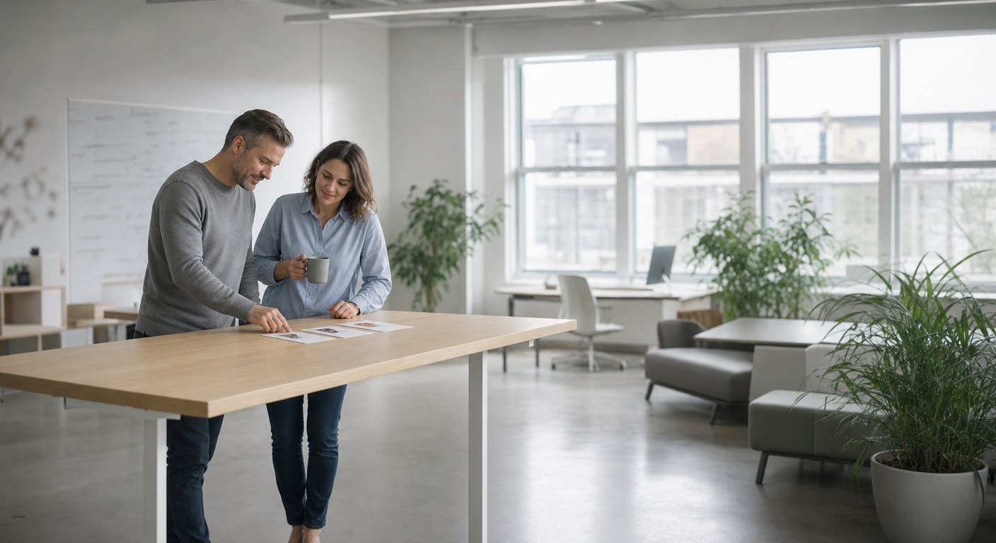 Two colleagues at a standing desk in a bright office, laying out a shortlist of three candidate profiles side by side.
