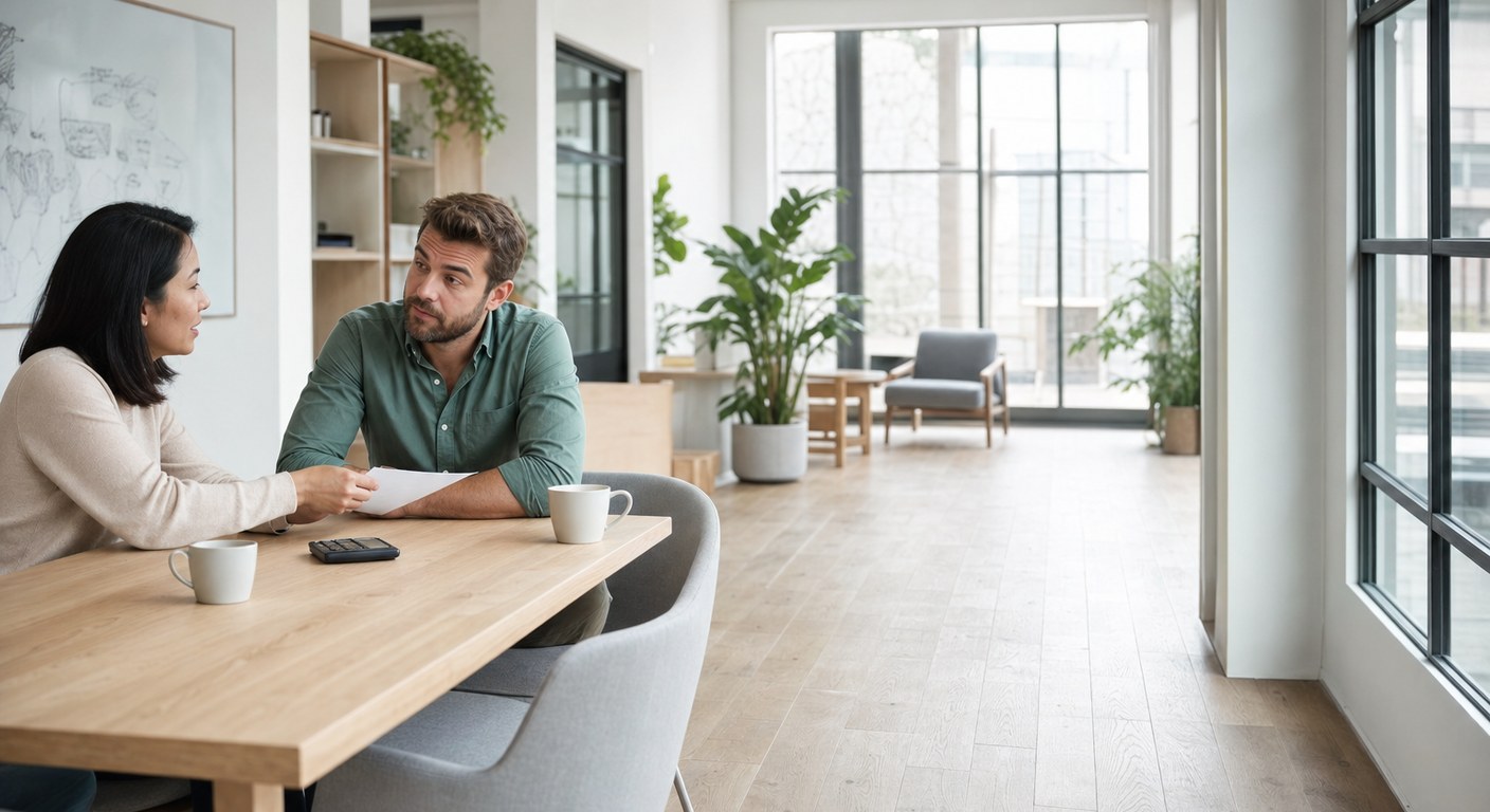 Two colleagues at a bright meeting table; one slides a single printed sheet across next to a small desk calculator and two coffees.