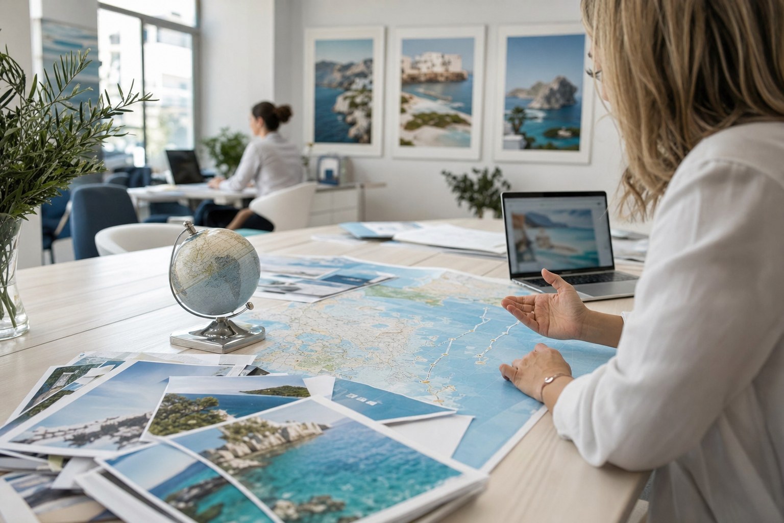 A travel advisor's desk covered in maps, lookbooks and itineraries