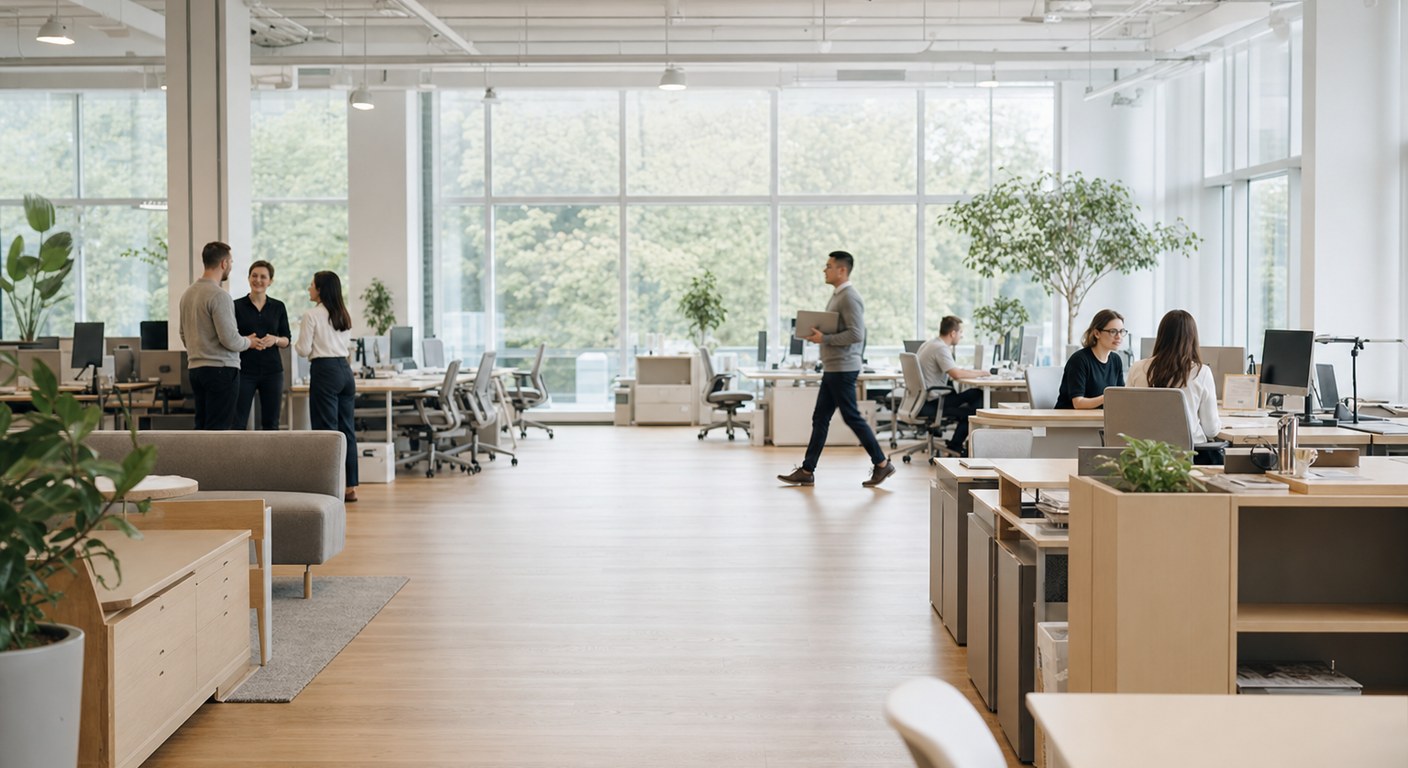 A warm startup office lounge in the late afternoon